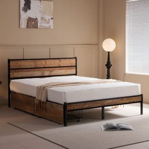 PALLET Κρεβάτι Διπλό-Συρτάρια, για Στρώμα 160x200cm, Μέταλλο Βαφή Μαύρο, Antique Oak