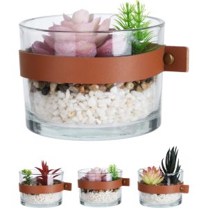 Φυτό Τεχνητό ArteLibre Σε Γυάλινο Δοχείο Με PU Ζώνη Φ11×9-13.5cm Σε 4 Συνδυασμούς