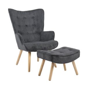ALMA Πολυθρόνα – Μπερζέρα με Σκαμπό – Υποπόδιο Φυσικό Ύφασμα Κοτλέ Γκρι, K/D
