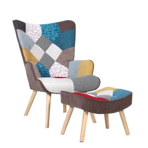 ALMA Πολυθρόνα – Μπερζέρα με Σκαμπό – Υποπόδιο Φυσικό Ύφασμα Patchwork, K/D