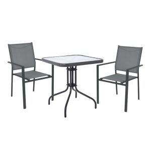 LANSON – BALENO Set Τραπεζαρία Μέταλλο Ανθρακί, Textilene Γκρι: Τραπέζι + 2 Πολυθρόνες