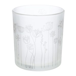 Φανάρι Καταιγίδας Cylindrical “Flower” Λουλουδάτο Design Γυάλινο Λευκό PU 18 H. cm D. 7 cm