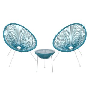 ACAPULCO Set Κήπου – Βεράντας: Τραπέζι + 2 Πολυθρόνες Μέταλλο Άσπρο / Rattan Μπλε