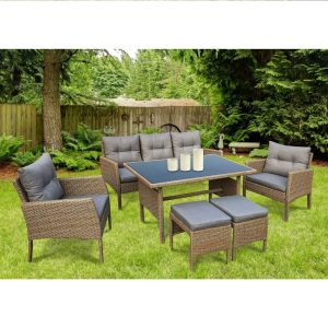 CALIFORNIA Σαλόνι – Τραπεζαρία Τραπέζι+3Θέσιος+2 Πολυθρόνες+ 2 Σκαμπό Μέταλλο-Wicker Φυσικό