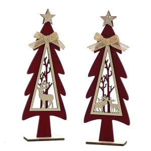 Χριστουγεννιάτικο Ξύλινο Διακοσμητικό Δέντρο Κόκκινο 30cm Σε 2 Σχέδια