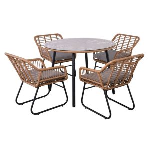 SALSA Τραπεζαρία: Μέταλλο Βαφή Μαύρο-Wicker Φυσικό, Μαξιλάρι Γκρι: Τραπέζι + 4 Πολυθρόνες