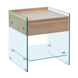 GLASSER Wood Κομοδίνο Διάφανο Γυαλί 10mm – με Συρτάρι Απόχρωση Δρυς
