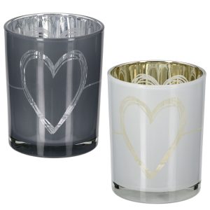 Φανάρι κυλινδρικό μοτίβο καρδιάς Γυάλινα σκεύη Γκρι Λευκό 2 Ποικιλία D10X13Cm D10X13Cm