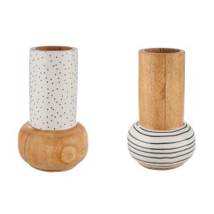 Βάζο ‘Black & White’ Πουά/Ριγέ Ξύλο Εκρού/Λευκό 2Τμχ 19x12cm