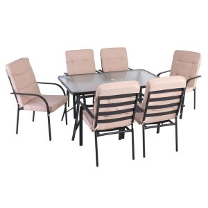 ASTOR Set Τραπεζαρία Κήπου: Τραπέζι + 6 Πολυθρόνες Μέταλλο Ανθρακί, Γυαλί, Μαξιλάρι Μπεζ