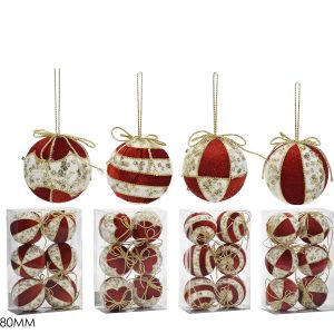 Χριστουγεννιάτικη Μπάλα Κόκκινο 80mm Σετ 6Τμχ Σε 4 Σχέδια