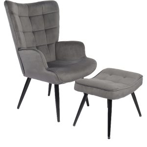 Πολυθρόνα Μπερζέρα Με Υποπόδιο ArteLibre LENNOX Γκρι Βελούδο/Ξύλο 96x68x73cm