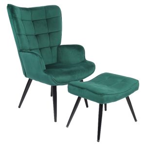Πολυθρόνα Μπερζέρα Με Υποπόδιο ArteLibre LENNOX Πράσινο Βελούδο/Ξύλο 96x68x73cm