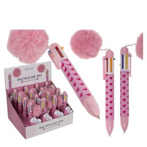 Στυλό 6 Χρωμάτων Μελανιού Με Πομ Πομ Ροζ Πλαστικό 14.2cm