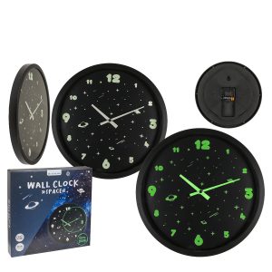 Ρολόι Τοίχου Διάστημα Φωσφοριζέ Μαύρο Πλαστικό Φ30cm