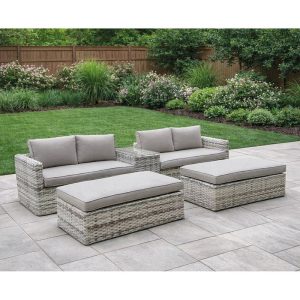 ASCOT Set Wicker Alu, Καναπές 4Θέσιος+2 σκαμπό+Τραπεζάκι, Wicker Grey White,  Μαξιλ.Μπεζ