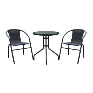BALENO Set-Pro Κήπου-Βεράντας: Τραπέζι + 2 Πολυθρόνες Μέταλλο Μαύρο, Wicker Μαύρο