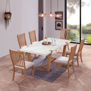 COMET Set Τραπεζαρία Ξύλινη: Τραπέζι+6 Καρέκλες, Φυσικό με Mdf Άσπρο Μάρμαρο,Ύφασμα Άσπρο