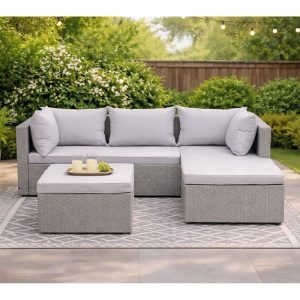 CORNER Set Wicker, Γωνία με Σκαμπό, Απόχρωση Ανοιχτό Γκρι Αναστρέψιμη Γωνία