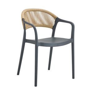 DONNA Πολυθρόνα-Pro Στοιβαζόμενη, PP-UV Ανθρακί, Rope Wicker Φυσικό