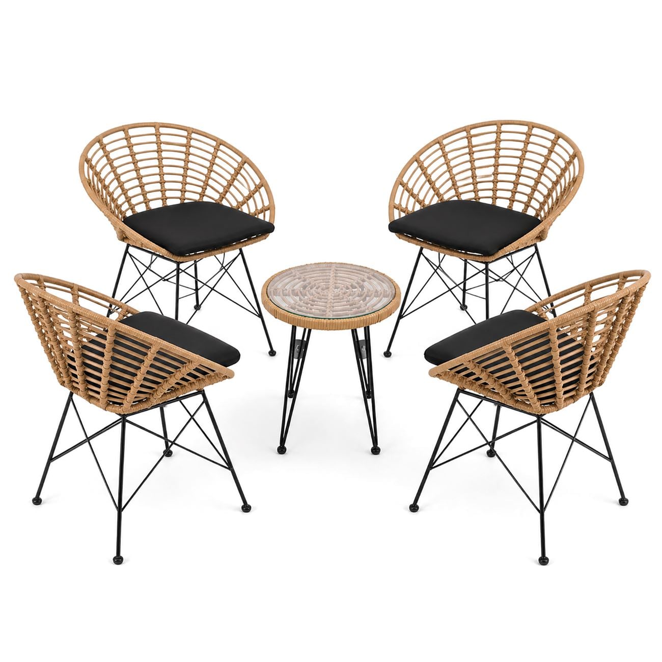 SALSA Coral Coffee Set Κήπου Μέταλλο Μαύρο - Γυαλί - Wicker Φυσικό: Τραπεζάκι+4 Πολυθρόνες