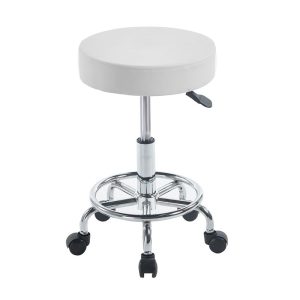 GLORY Σκαμπό με υποπόδιο, Βάση Χρώμιο, PU Άσπρο, Περιστρεφόμενο, Τροχήλατο