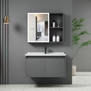 IDEA-1 Set Έπιπλο Μπάνιου Γκρι, Καθρέπτης LED + Πάγκος με Νιπτήρα και Μπαταρία