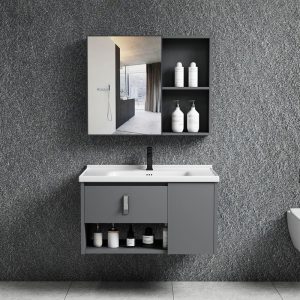 IDEA-2 Set Έπιπλο Μπάνιου Γκρι, Καθρέπτης + Πάγκος με Νιπτήρα και Μπαταρία