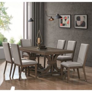 KING Set Τραπεζαρία Ξύλινη Σαλονιού: Τραπέζι+6 Καρέκλες, Antique Grey Walnut, Ύφ.Γκρι