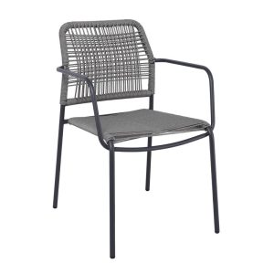 LUIGI Πολυθρόνα Βεράντας-Κήπου Μέταλλο Βαφή Ανθρακί, Rope Wicker Γκρι, Στοιβαζόμενη