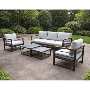 MARILIAN Set Σαλόνι Κήπου, 5τεμ, Μέταλλο Βαφή Ανθρακί, Μαξιλάρια Γκρι