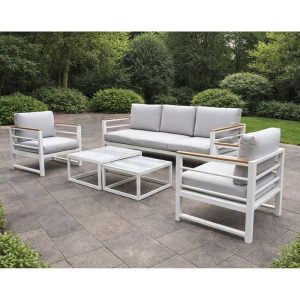 MARILIAN Set Σαλόνι Κήπου, 5τεμ, Μέταλλο Βαφή Άσπρο, Μαξιλάρια Γκρι