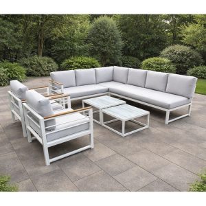 MARILIAN Set Σαλόνι Κήπου, Πολυμορφικό 6τεμ, Μέταλλο Βαφή Άσπρο, Μαξιλάρια Γκρι