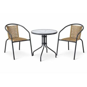 MIKA Set Κήπου - Βεράντας: Τραπέζι + 2 Πολυθρόνες Μέταλλο Βαφή Ανθρακί, PE Rattan Φυσικό