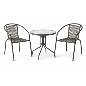 MIKA Set Κήπου - Βεράντας: Τραπέζι + 2 Πολυθρόνες Μέταλλο Βαφή Ανθρακί, PE Rattan Γκρι