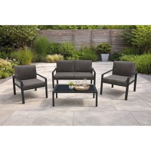 RIVIAN Set Σαλόνι Κήπου 4τεμ, Μέταλλο Βαφή Ανθρακί, Μαξιλάρια Γκρι