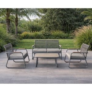 ROCCO Set Σαλόνι Κήπου 4τεμ, Μέταλλο Μπεζ, Rope Wicker Μπεζ, Μαξιλ.Μπεζ, Γυαλί Μπεζ
