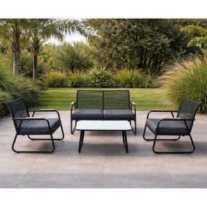 ROCCO Set Σαλόνι Κήπου 4τεμ, Μέταλλο Μαύρο,RopeWicker Γκρι, Μαξιλ.Σκούρο Γκρι, Γυαλί Μαύρο