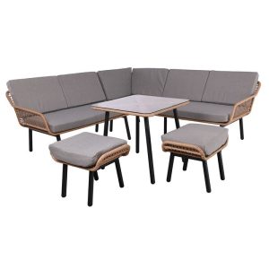 SALSA CORNER Σαλόνι-Καθιστικό: Τραπέζι + Καναπές Γωνία + 2 Σκαμπό, Μέταλλο-Wicker Φυσικό