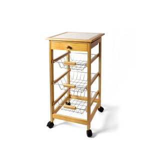 Μανάβης Τρόλεϊ Με 3 Καλάθια Και Συρτάρι Φυσικό Μπαμπού/Μέταλλο 37x37x76cm