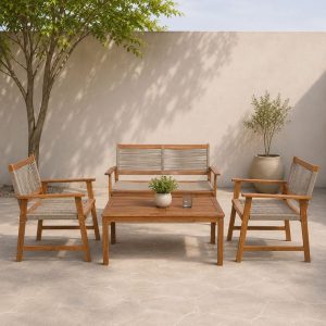 SPRING Set Σαλόνι Κήπου Ακακία Φυσικό, Wicker Μπεζ: Τραπέζι + Καναπέ 2Θέσιο + 2 Πολυθρόνες