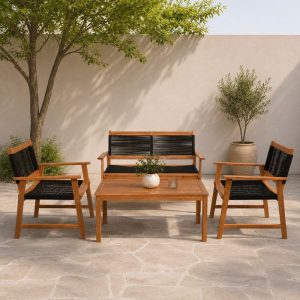 SPRING Set Σαλόνι Κήπου Ακακία Φυσικό, Wicker Μαύρο: Τραπέζι + Καναπέ 2Θέσιο + 2 Πολυθρόνες