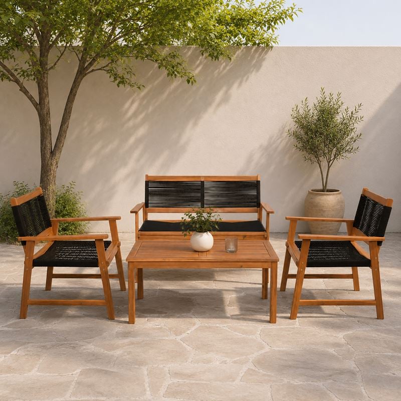 SPRING Set Σαλόνι Κήπου Ακακία Φυσικό, Wicker Μαύρο: Τραπέζι + Καναπέ 2Θέσιο + 2 Πολυθρόνες